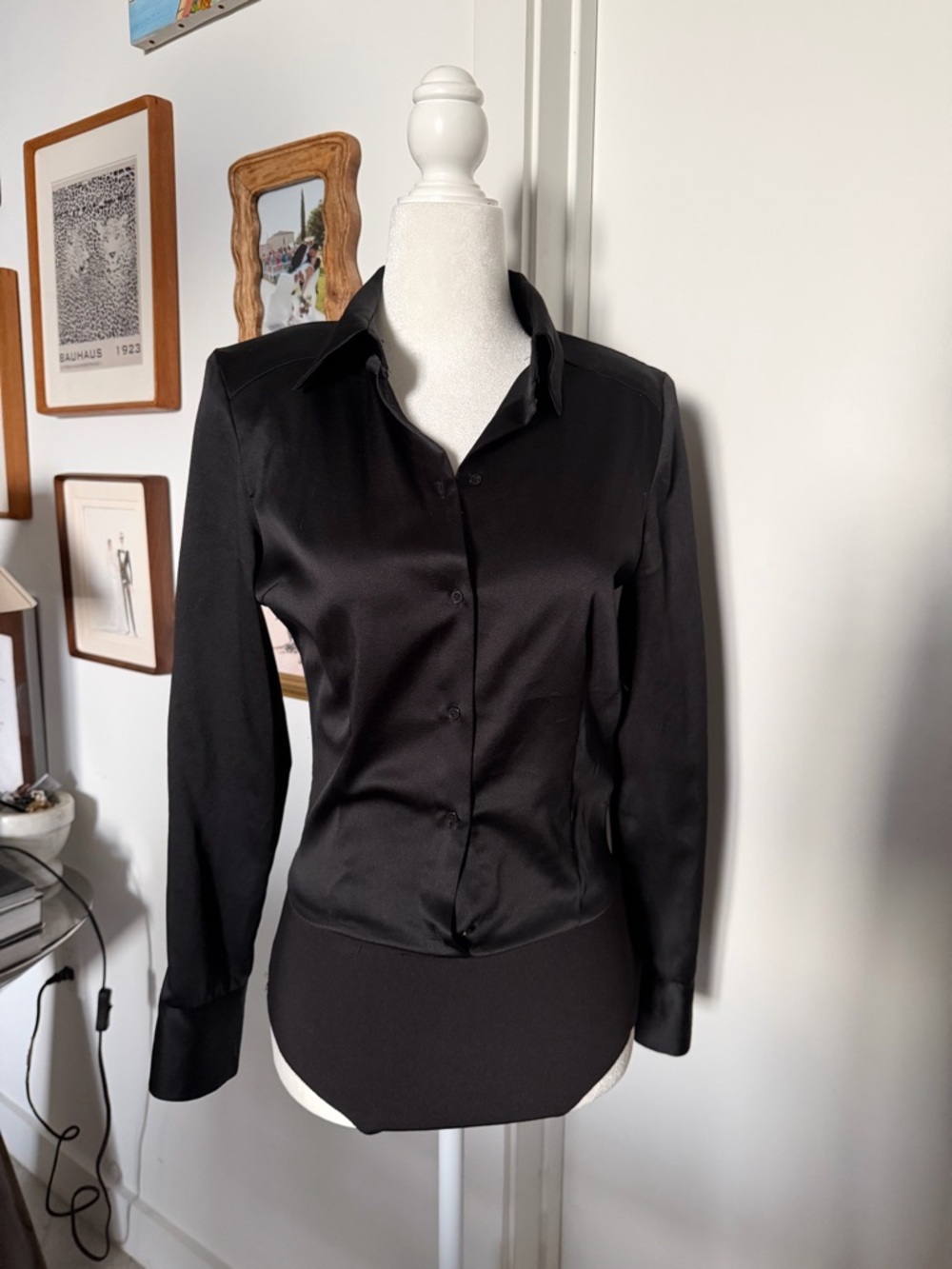 Zara Black Satin Button-Front Bodysuit